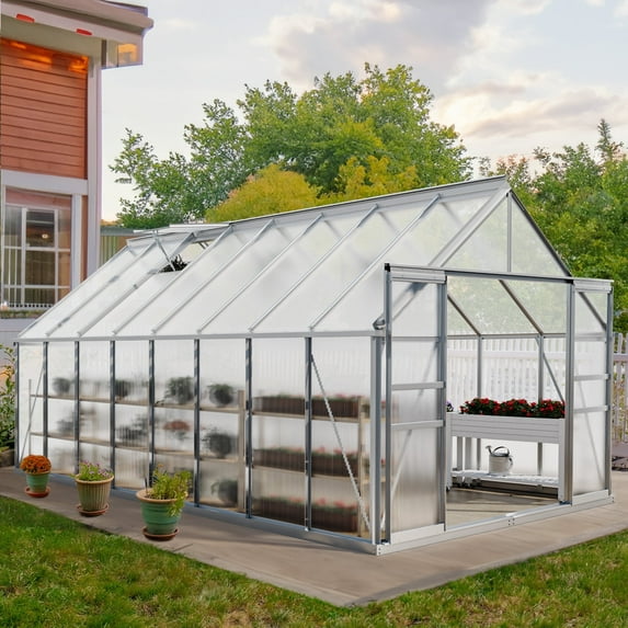 Dextrus 16x8FT Polycarbonate Garden Shelter Spacious Durable Garden Enclosures Outdoor Aluminum Plant Houses with Sliding Entries Airflow Aperture Deluxe Walk-in Plant Enclosure