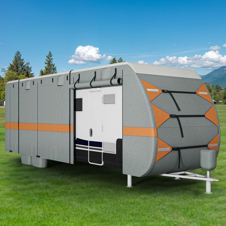 Dextrus 18-20FT Travel Trailer Cover RV Cover Camper Cover Super Thick Waterproof Windproof Anti-UV Rip-Stop Motorhome Covers with 2 Long Straps 4 Tire Covers Tongue Jack Cover