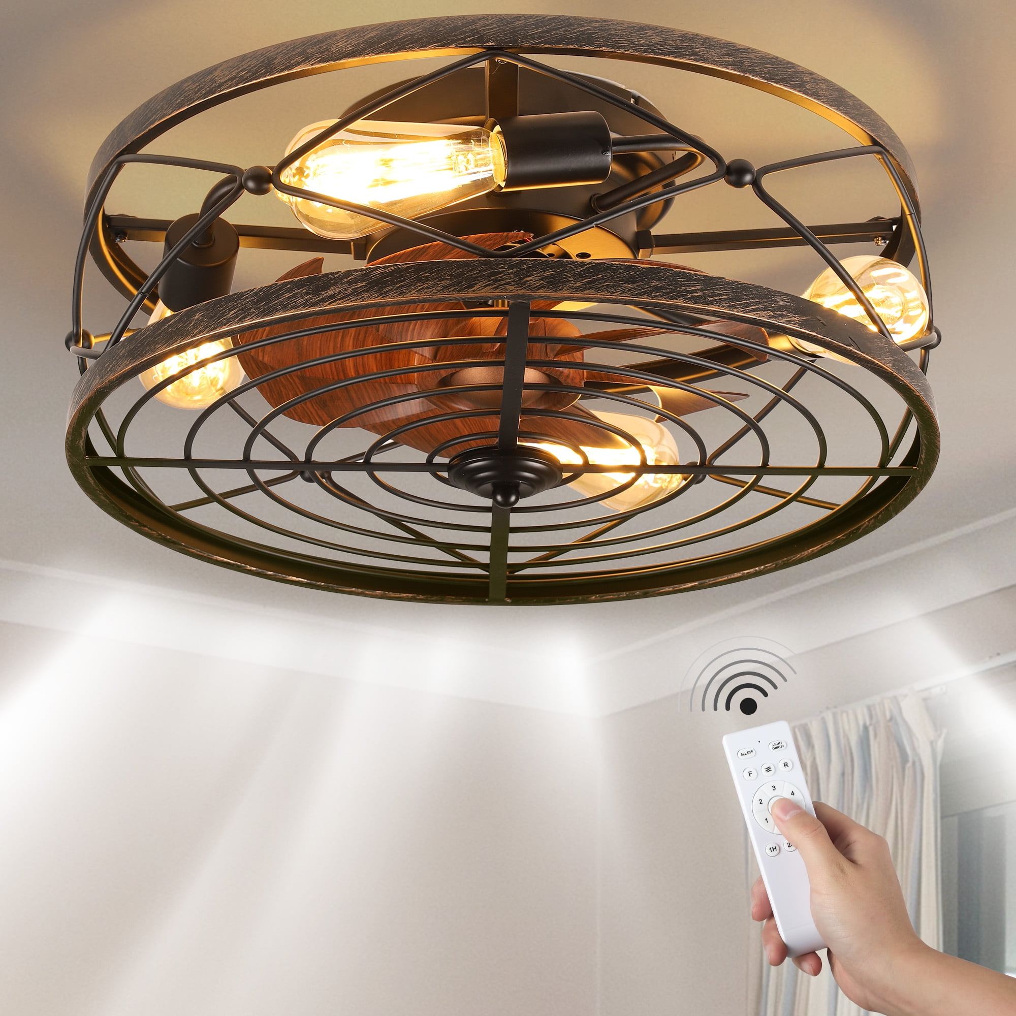 Dextrus 18" Caged Ceiling Fan with Lights and Remote Control, 6-Speed Flush Mount Ceiling Fan, Low Profile Ceiling Fan for Bedroom, Farmhouse, or Dining Room