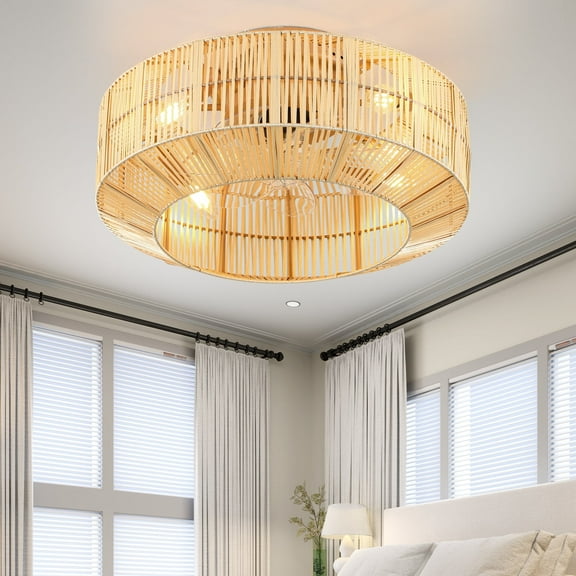 Dextrus 18" Caged Ceiling Fan with Lights, Flush Mount, 6-Speed Reversible, Remote Control, Rustic Yellow Finish for Bedroom, Kitchen, Living Room