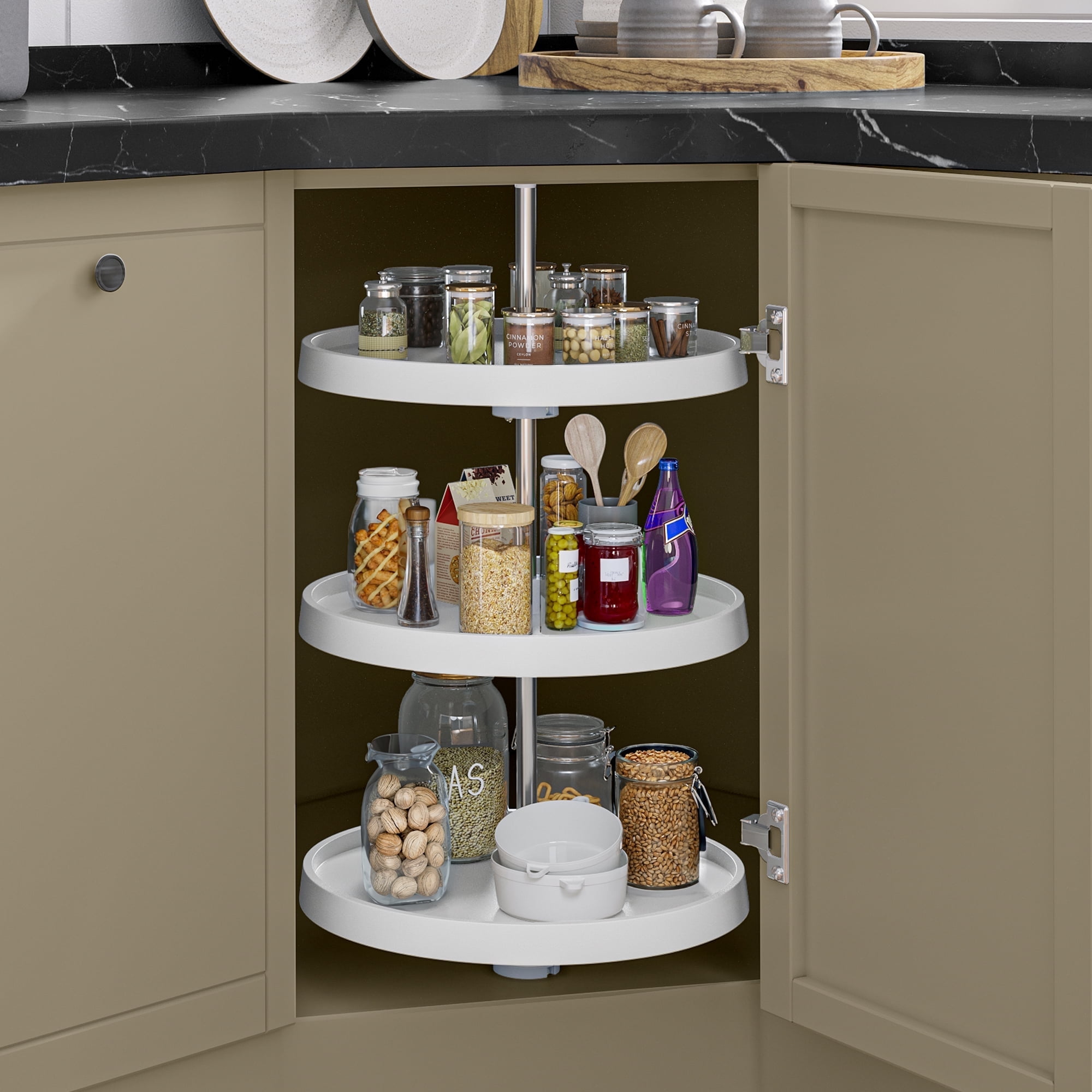 Rev-A-Shelf 18-Inch 3-Tier Lazy Susan For Corner Cabinets - White Rotating Shelves For Kitchen Storage