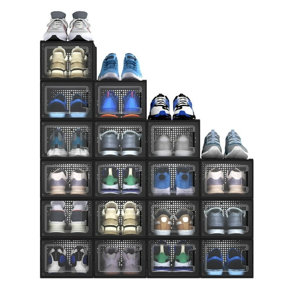 Dextrus 18-pack Medium Shoe Boxes Shoe Organizer Shoe Storage Thicken Transparent Stackable Plastic Sneaker Shoe Container Shoe Rack Cube Storage for Closet entryway, Black