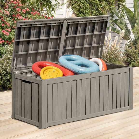 Dextrus 180 Gallon XL Resin Deck Box, Light Brown Waterproof Lockable Outdoor Storage Box with Removable Divider, Large Patio Organizer for Cushions, Garden Tools, Sports Gear and Pool Supplies