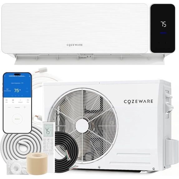 Cozeware 18000 BTU Mini Split Air Conditioner and Heat Pump, 230V 20 SEER2 Ductless Inverter AC, WiFi & Alexa Compatible, Cools & Heats Up to 1250 Sq. Ft., Includes Installation Kit