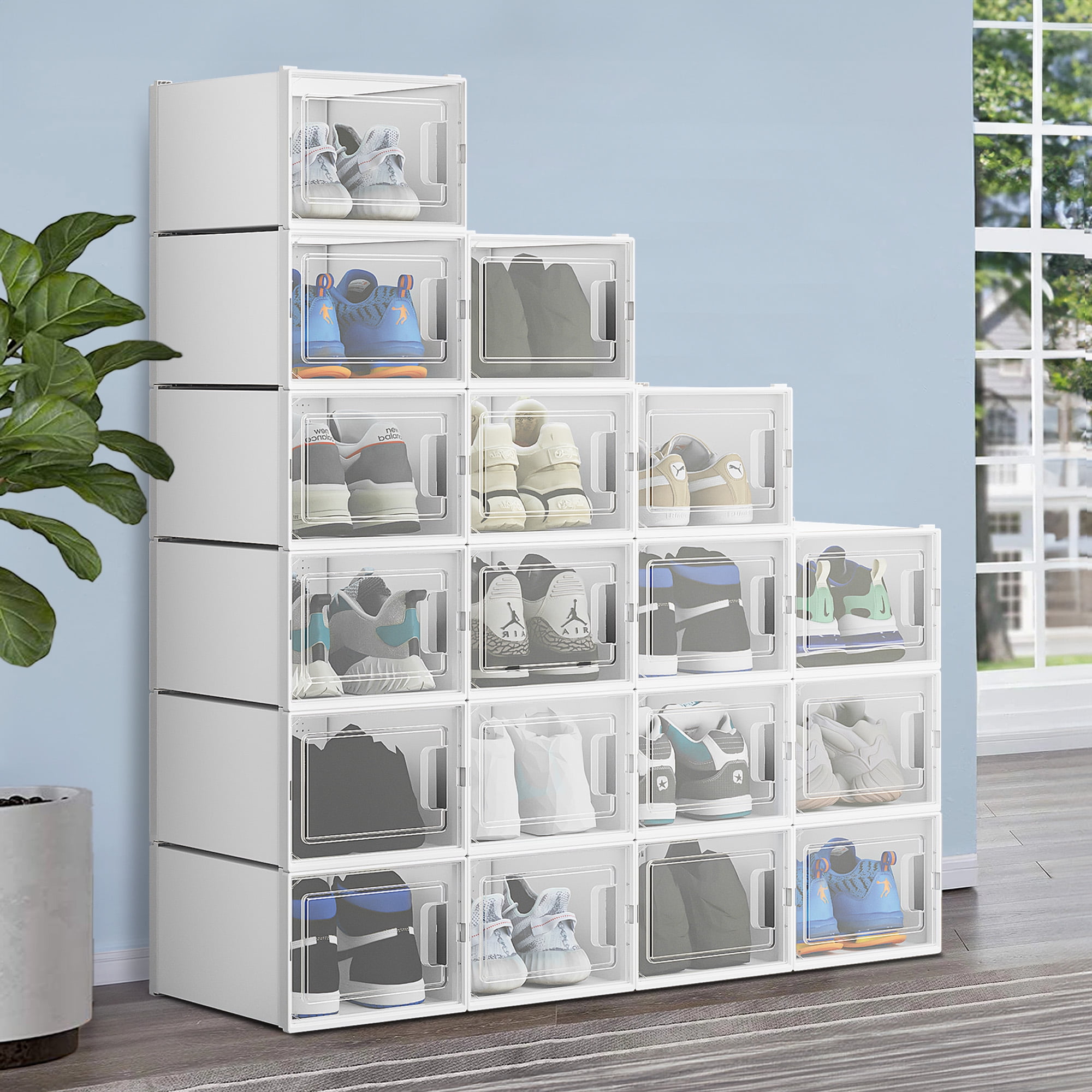 Dextrus 18Pcs Shoe Storage Set 14.1 x 10.9 x 8.2 Foldable Stackable  Sneaker Closet Organizer Clear Big High Quality ABS Container Box with Door