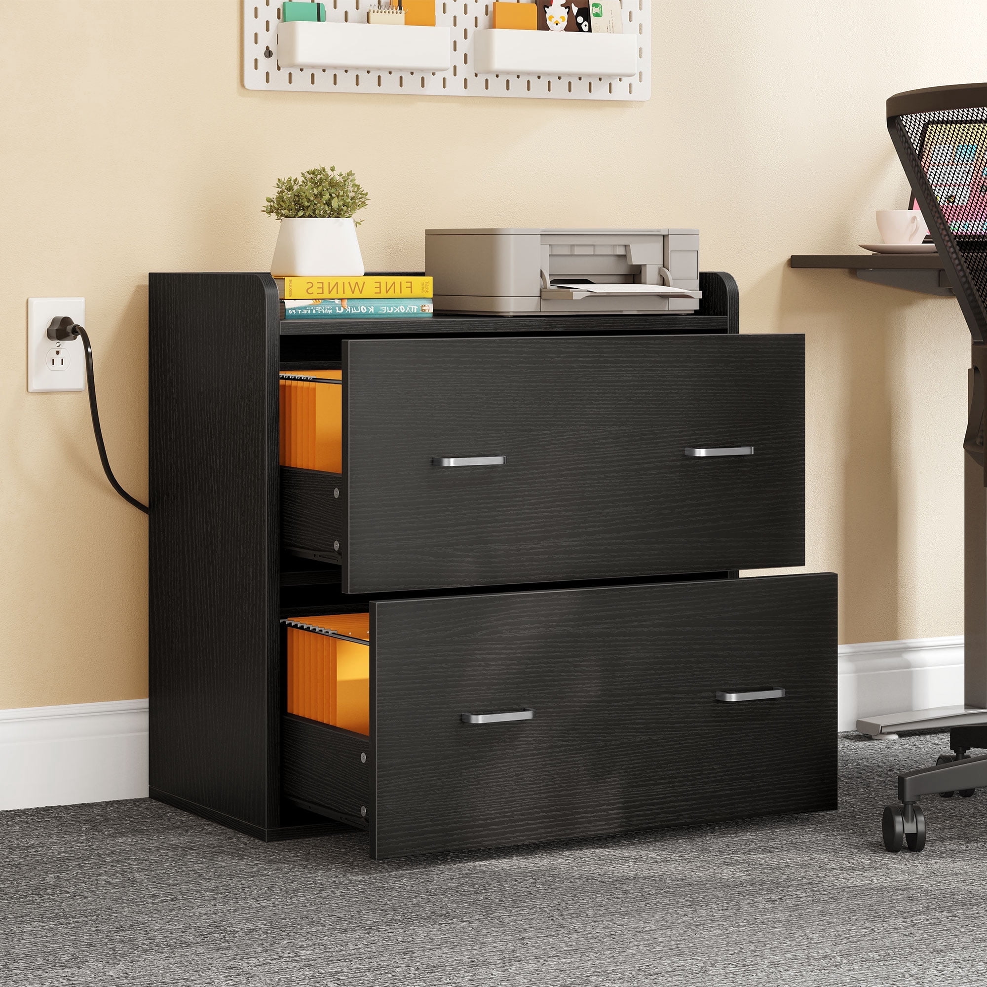 Dextrus 2 Drawer File Cabinet with Charging Station, Wood Lateral Filing Cabinet Printer Stand Fits A4 Letter Legal Size Files, Black