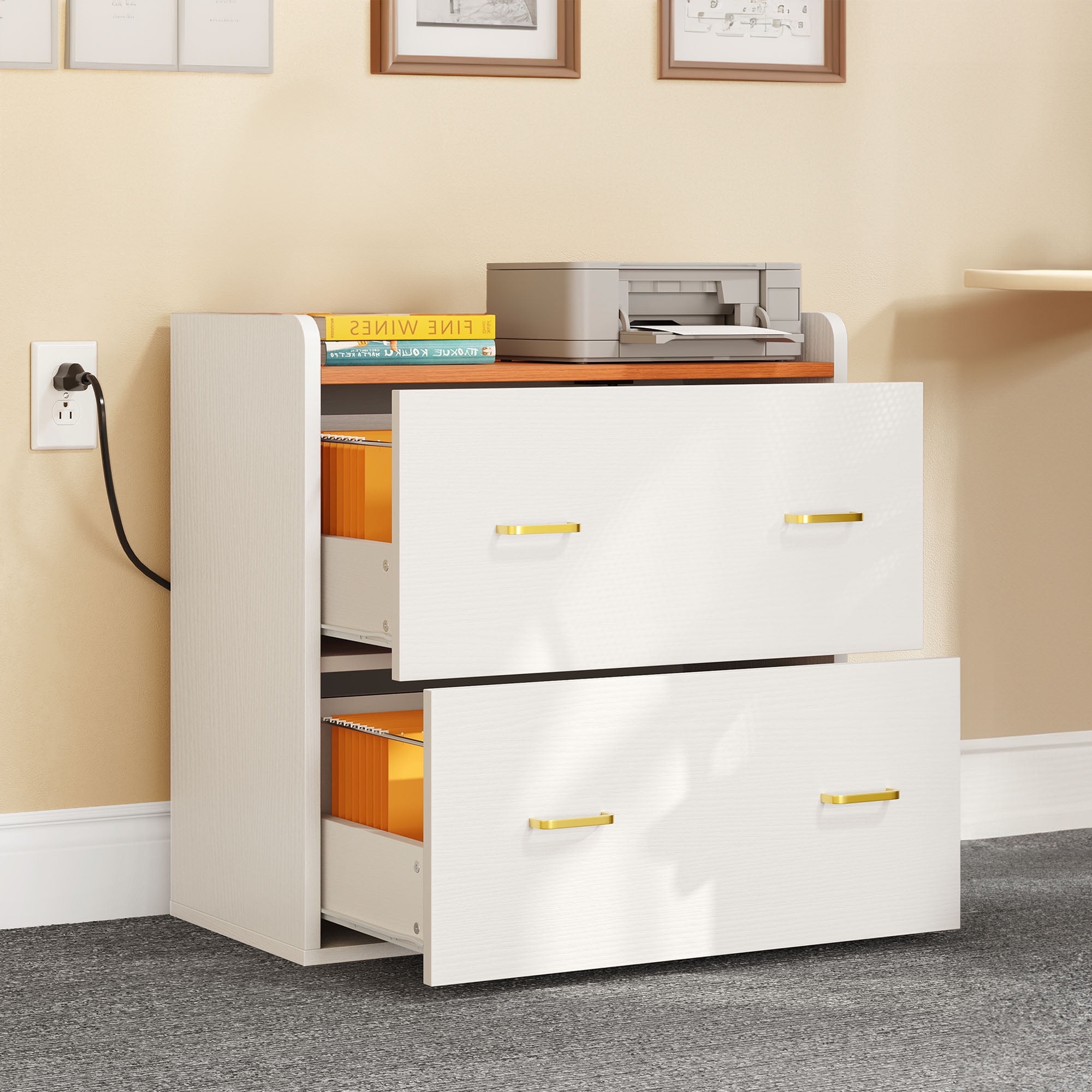 Dextrus 2 Drawer File Cabinet with Charging Station, Wood Lateral Filing Cabinet Printer Stand Fits A4 Letter Legal Size Files, White & OAK