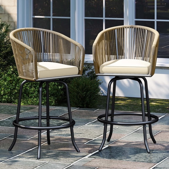 Dextrus 2 Pack Outdoor 360 Swivel Bar Stools, Wicker Patio Chairs with Cushion & Footrest, Beige