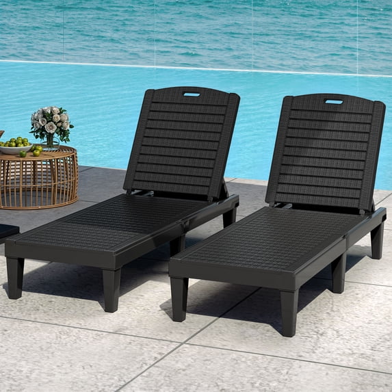 Dextrus 2 Pcs Black Outdoor Resin Loveseat, Polypropylene with Faux Wood Grain, Weather-Resistant, Includes Accessories