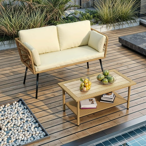 Dextrus 2 Pieces Patio Furniture Set, All-Weather Wicker Loveseat with Cushions & Coffee Table, Outdoor Conversation Sofa Set - Beige