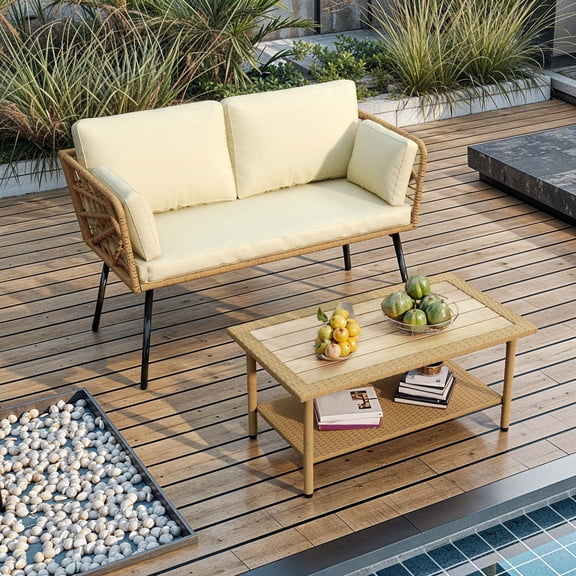 Dextrus 2 Pieces Patio Furniture Set, All-Weather Wicker Loveseat with Cushions & Coffee Table, Outdoor Conversation Sofa Set - Beige