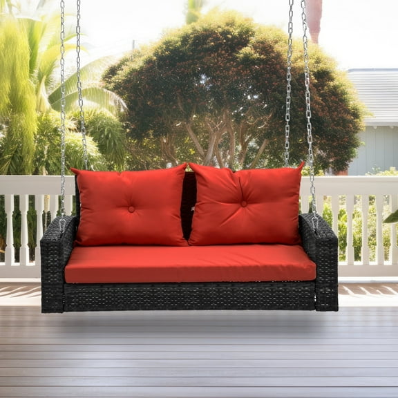 Dextrus 2-Seats Wicker Hanging Porch Swing Chair Outdoor Black Rattan Patio Swing Lounge w/ 2 Back Cushions Capacity 770lbs for Garden, Balcony, Living Room, Red