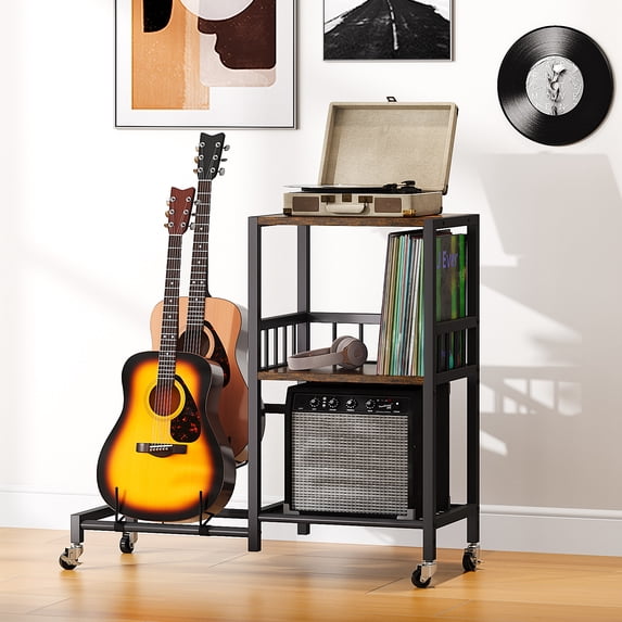 Dextrus 2-Tier Adjustable Guitar Stand with Storage Shelf and Wheels, Guitar Rack for Multiple Guitars, Acoustic, Bass, Electric Guitar Stand, Suitable for Home, Studio, Band Stages