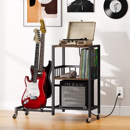 Dextrus 2-Tier Adjustable Guitar Stand with Storage Shelf and Wheels, Guitar Rack for Multiple Guitars, Acoustic, Bass, Electric Guitar Stand, Suitable for Home Studio, Band Stages, with Power Strip