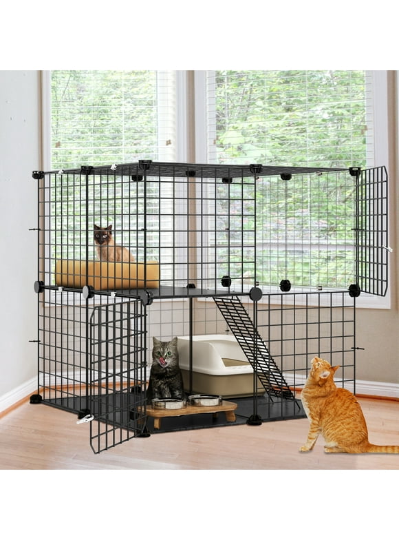 Dextrus 2-Tier Cat Cage,Indoor and Outdoor Pet Cage,DIY Pet Playpen Metal Kennel for 1-2 Cats, Ferrets, Chinchillas, Rabbits, Small Animals, Kittens,Travel and Camping
