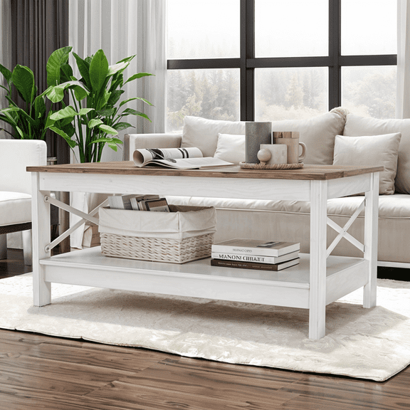 Dextrus 2-Tier Farmhouse Coffee Table with Storage, Wood Center Table for Living Room, OAK