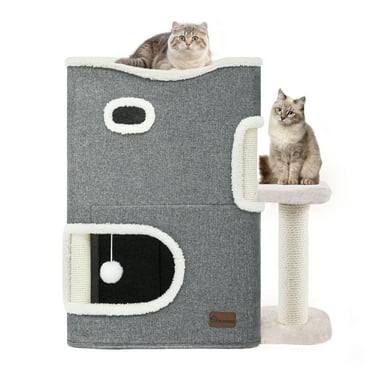 Dextrus 2-Tier Indoor Cat House,Modern Cat Cube Condo, Cat Cave Bed Playhouse with Scratch Pad and Hideaway Cave,17.7" L x13.7" Wx24.8" H,Gray
