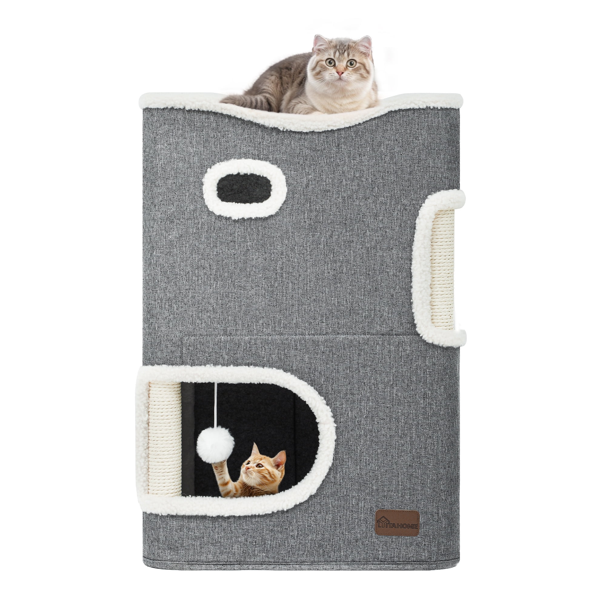 Gray 2-Storey Modern Cat House with Scratch Post and Hideaway Cave