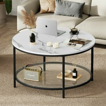 Dextrus 2-Tier Round Coffee Table Marble Center Cocktail Table with Storage Shelf, White & Black