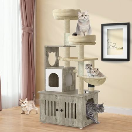 Dextrus 2-in-1 Cat Furniture Condo, 59" Cat Tree Multi-Functional Cat Tower with Litter Box Enclosure, Wood House, Scratching Post, Feeding Station, Hammocks & Brush - Gray