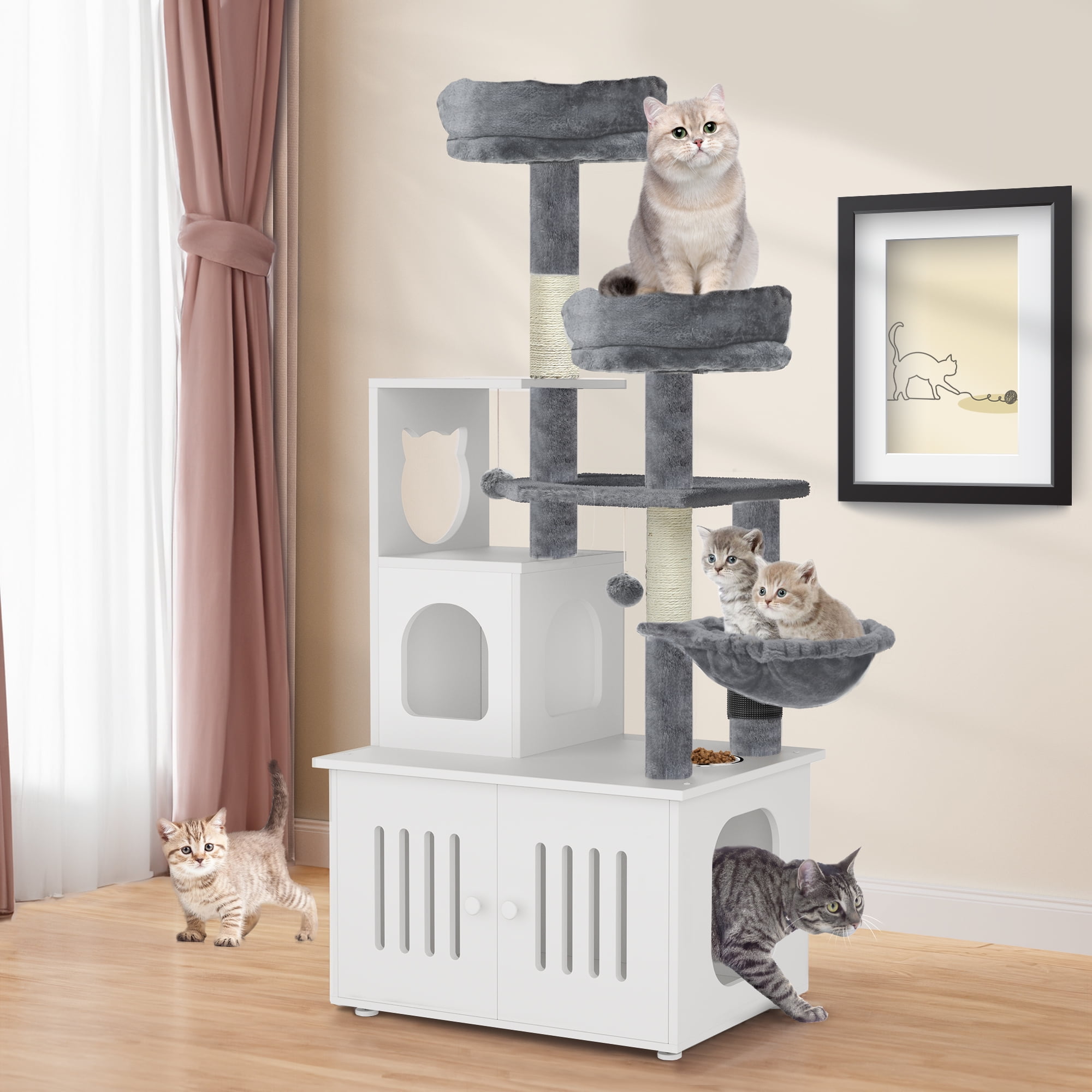 Dextrus 2 in 1 Cat Furniture Condo 59 Cat Tree Multi Functional Cat Tower with Litter Box Enclosure Wood House Scratching Post Feeding Station