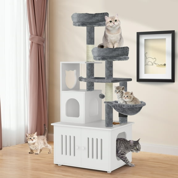 Dextrus 2-in-1 Cat Furniture Condo, 59" Cat Tree Multi-Functional Cat Tower with Litter Box Enclosure, Wood House, Scratching Post, Feeding Station, Hammocks & Brush - White