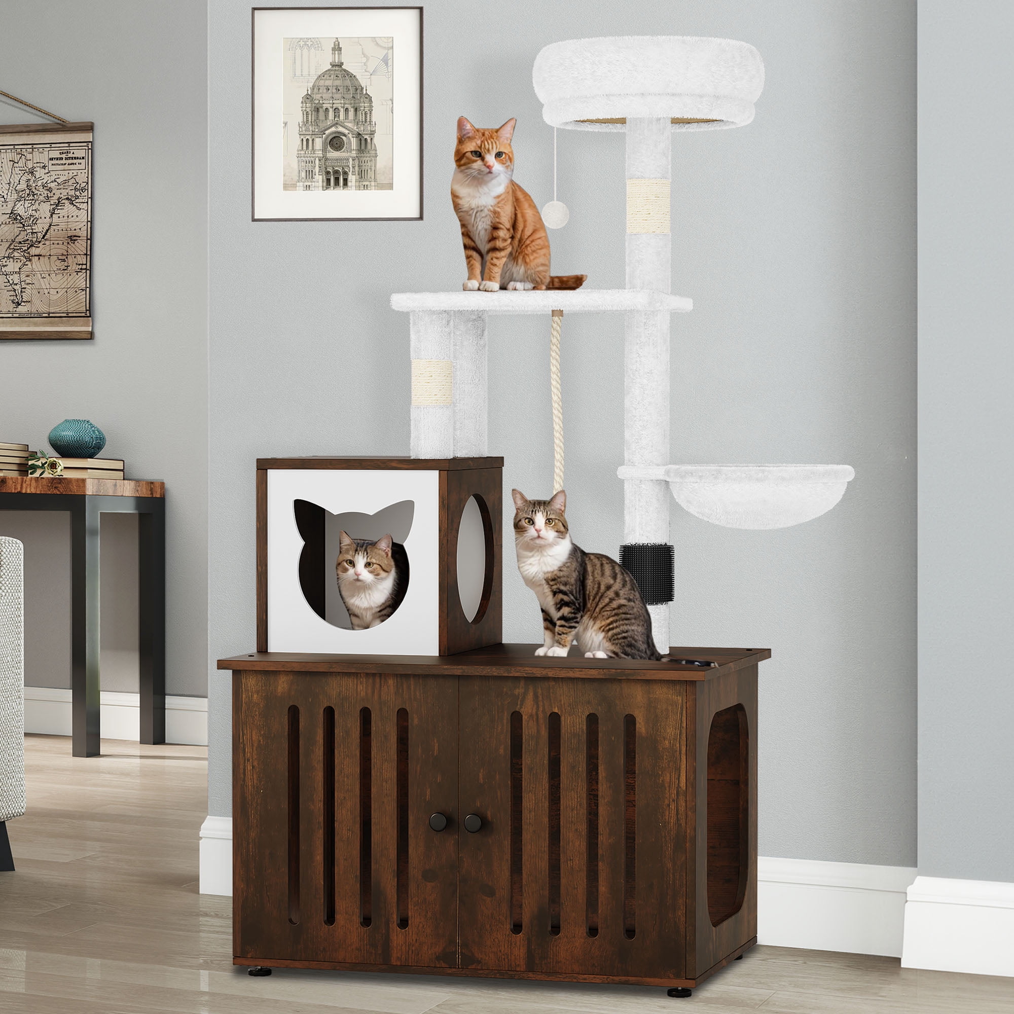 Dextrus 2-in-1 Cat Tree with Litter Box Enclosure,53.5" Large Modern Cat Condo with Scratching Posts, Perch, Food Station, Hammocks, Scratch Post, Rustic Brown