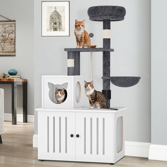 Dextrus 2-in-1 Cat Tree with Litter Box Enclosure,53.5" Large Modern Cat Condo with Scratching Posts, Perch, Food Station, Hammocks, Scratch Post, White