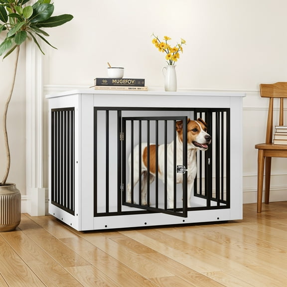 Dextrus 2-in-1 Large Dog Crate Furniture, 38.2" L Iron-Wood Indoor Dog Cage With Waterproof Top, Safety Corners,Steel Lock,for Large Dogs up to 60 lb,White,38.2"L x 24"W x 26.8"H