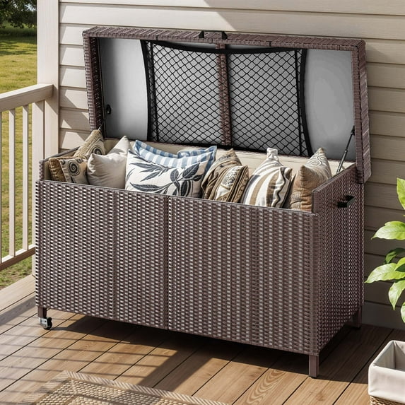 Dextrus 200 Gallon Large Outdoor Storage Box, Rattan Storage Box with Mesh Pocket & Wheels, All-weather Cabinet for Garden Tools & Pools Essentials, Brown