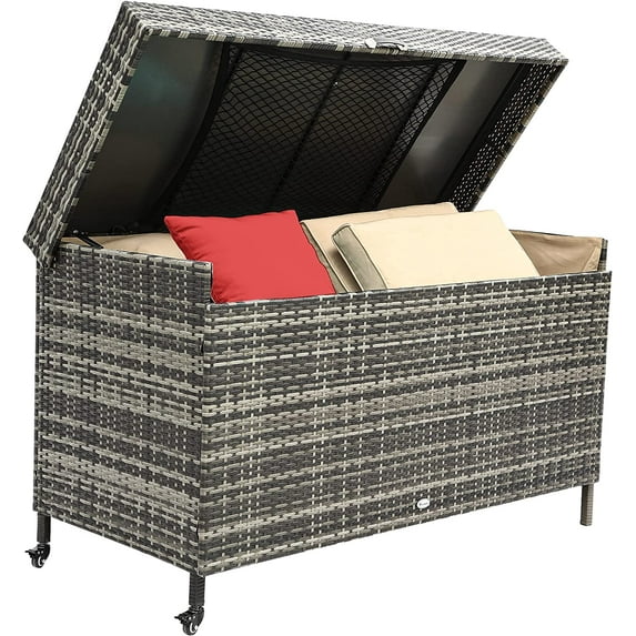 Dextrus 200 Gallon Outdoor Wicker Storage Box, Large Rattan Deck Box, Patio Cushion Storage, Waterproof Storage Box with Aluminum Frame