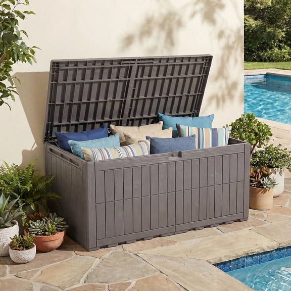 Dextrus 200 Gallon XL Resin Deck Box, Light Brown Waterproof Outdoor Storage Box, Lockable Container with 3-Person Bench Seating, Perfect for Patio Cushions, Garden Tools and Pool Supplies