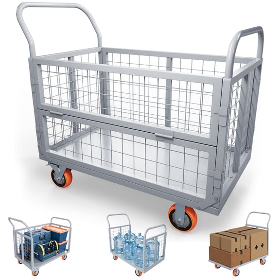 Dextrus 2000 LBS Platform Truck Cart with Cage, 6-in-1 Foldable Heavy Duty Flatbed Hand Truck with 6" Swivel Casters, Multi-Functional Push Dolly for Grocery, Laundry, Warehouse Storage
