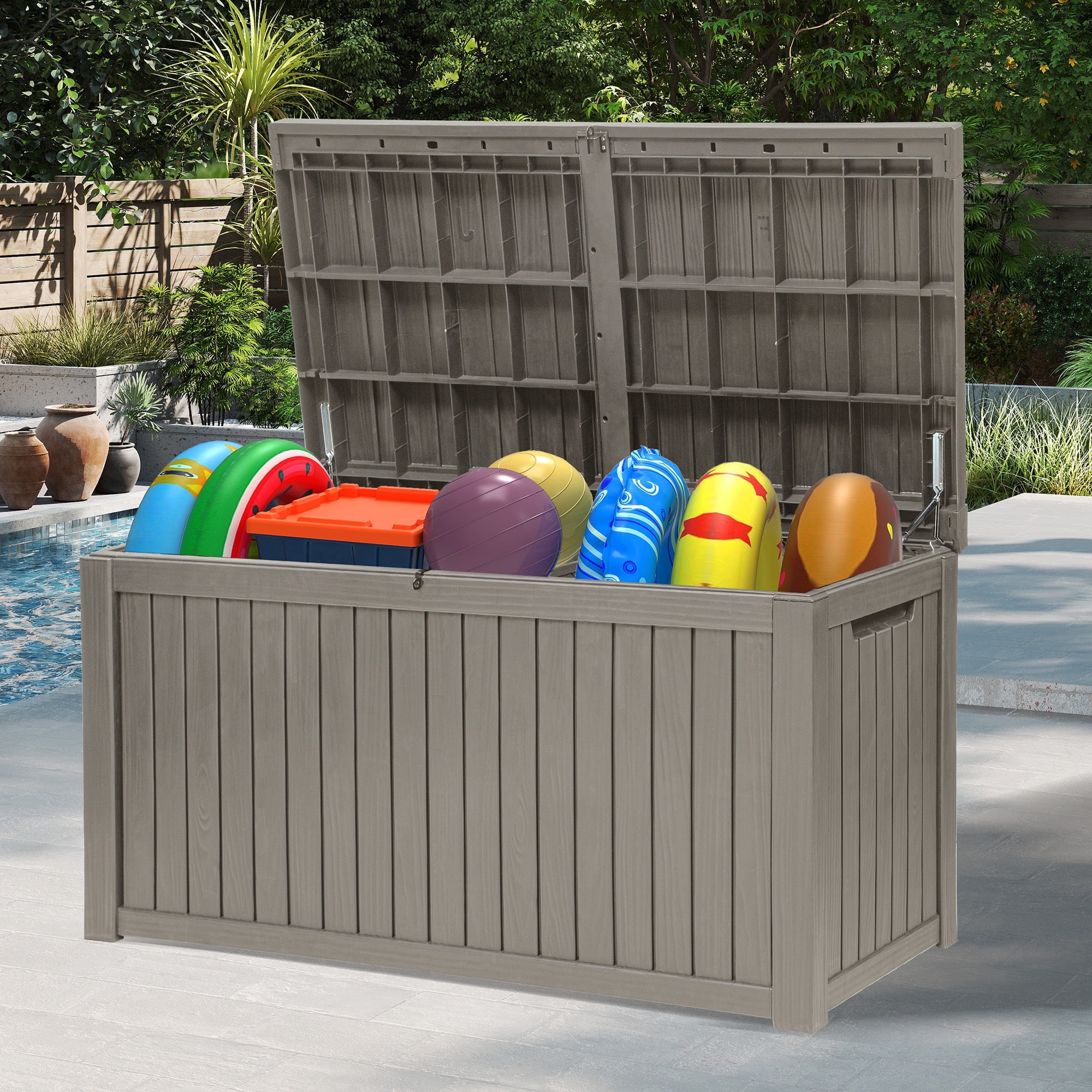 Dextrus 220 Gallon Extra-Large Resin Deck Box, Light Brown Waterproof Storage Container, Lockable Deck Box with Removable Divider for Garden Tools, Pool Accessories & Outdoor Furniture Essentials