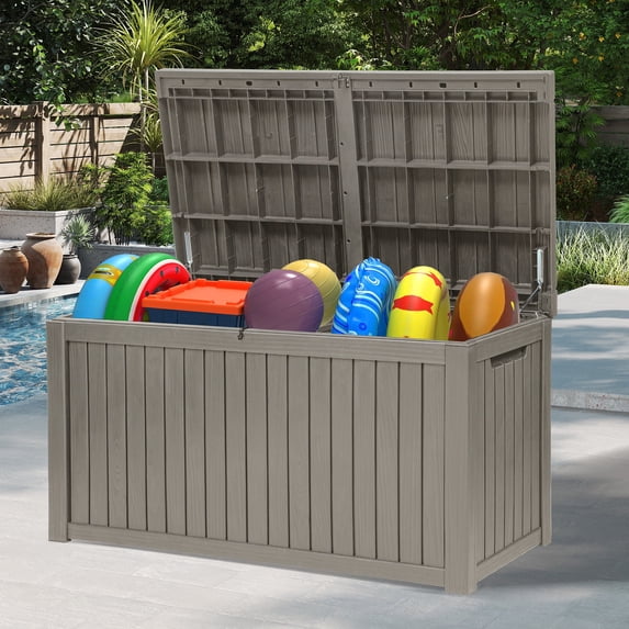 Dextrus 220 Gallon Extra-Large Resin Deck Box, Light Brown Waterproof Storage Container, Lockable Deck Box with Removable Divider for Garden Tools, Pool Accessories & Outdoor Furniture Essentials