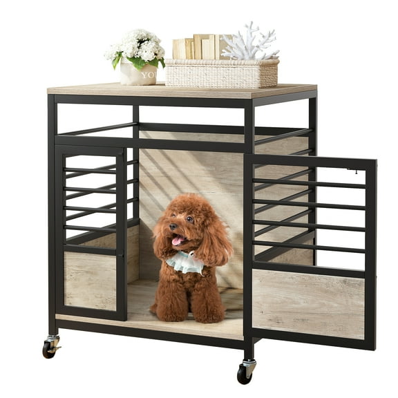 Dextrus 23.6" Dog Crate Furniture Wooden Dog House with Wheels, Dog Kennel Indoor for Small Medium Dogs - Brown & Black