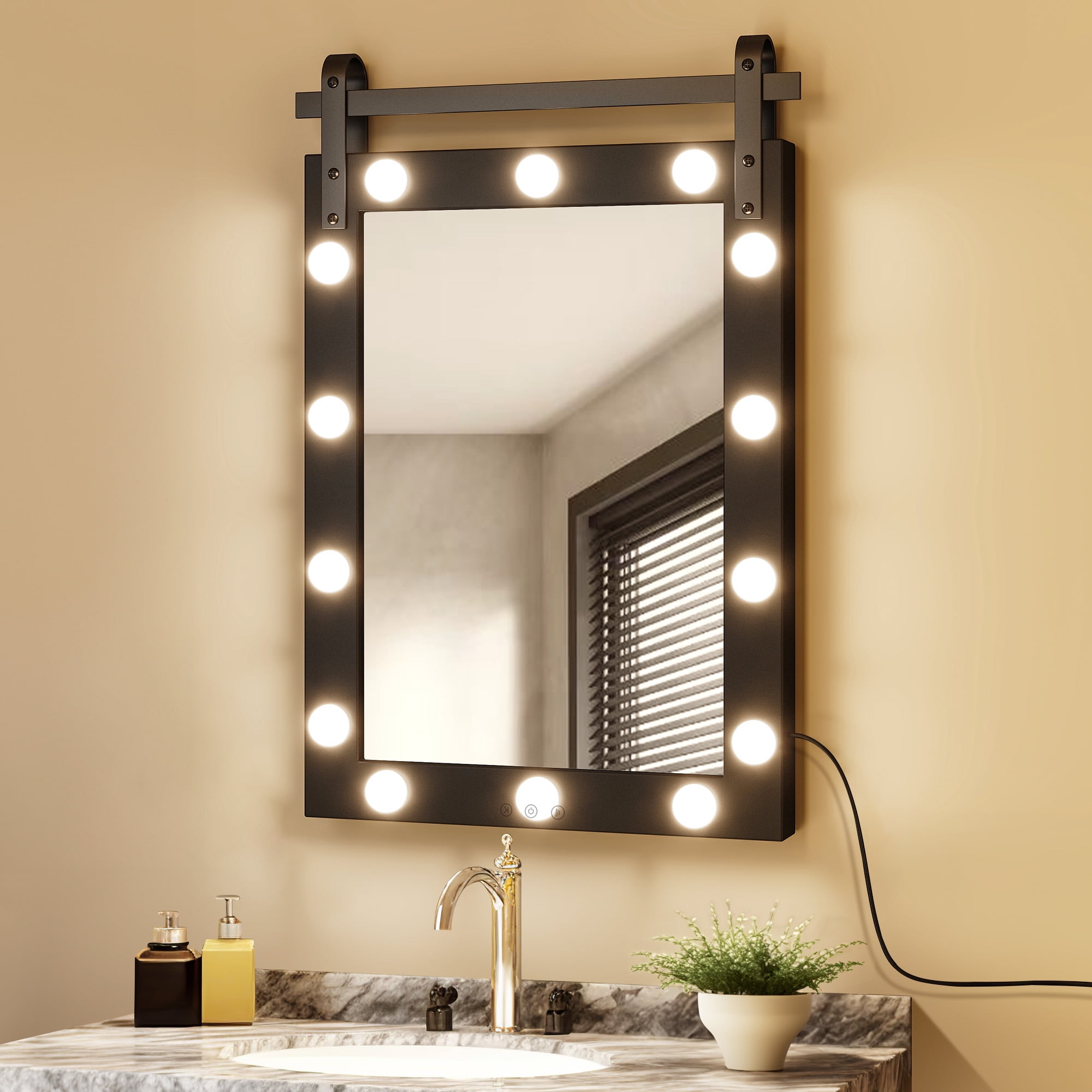 Dextrus 23.6" x 34.6'' Vanity Mirror with Lights, Smart Touch Control Hollywood Makeup Mirror with 3 Color Modes, Bathroom Wall Mounted Mirror Rectangle Vertical Mirror, Black