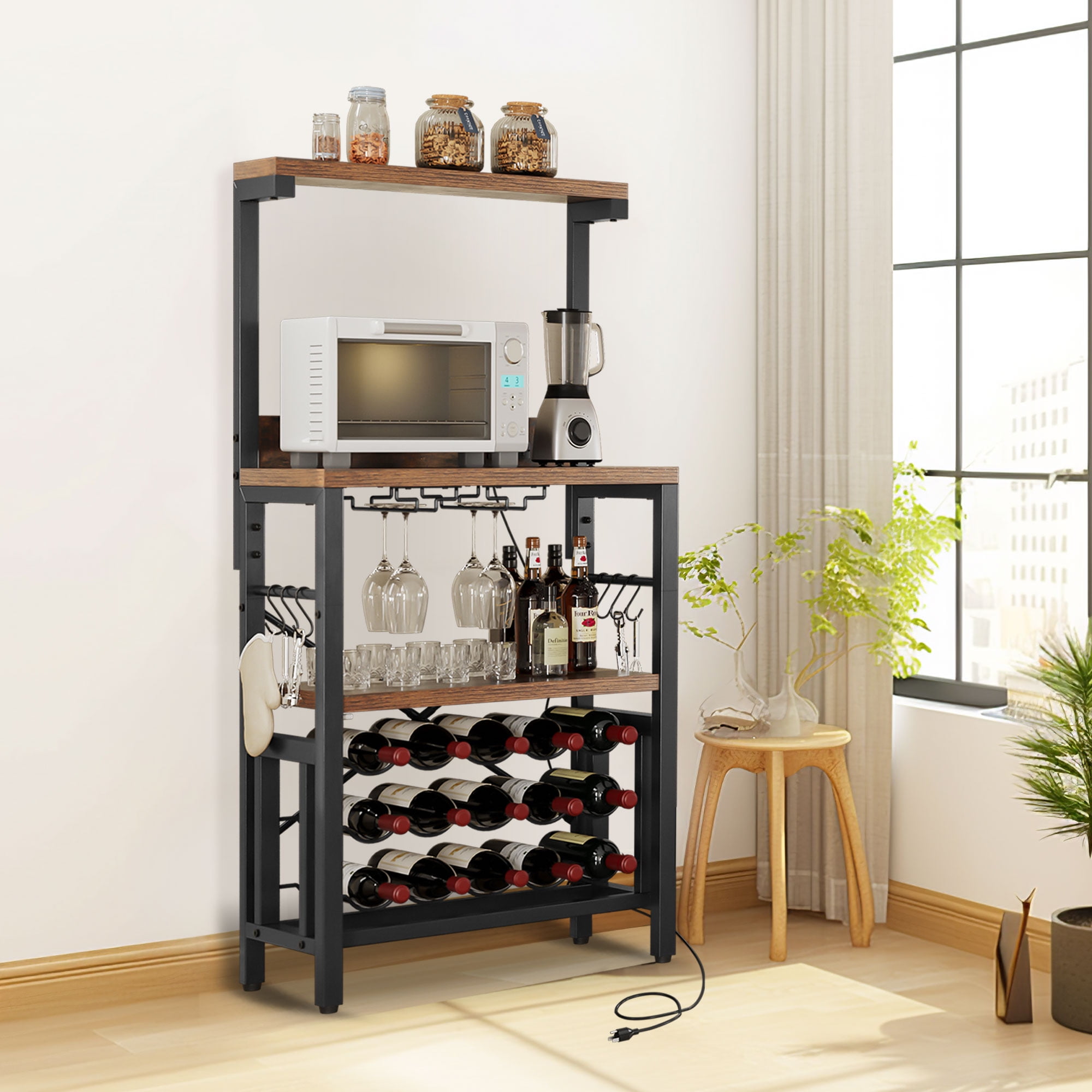 Dextrus 23" Kitchen Bakers Rack with Power Outlet, Freestanding Wine Rack with 3 Tier Wine