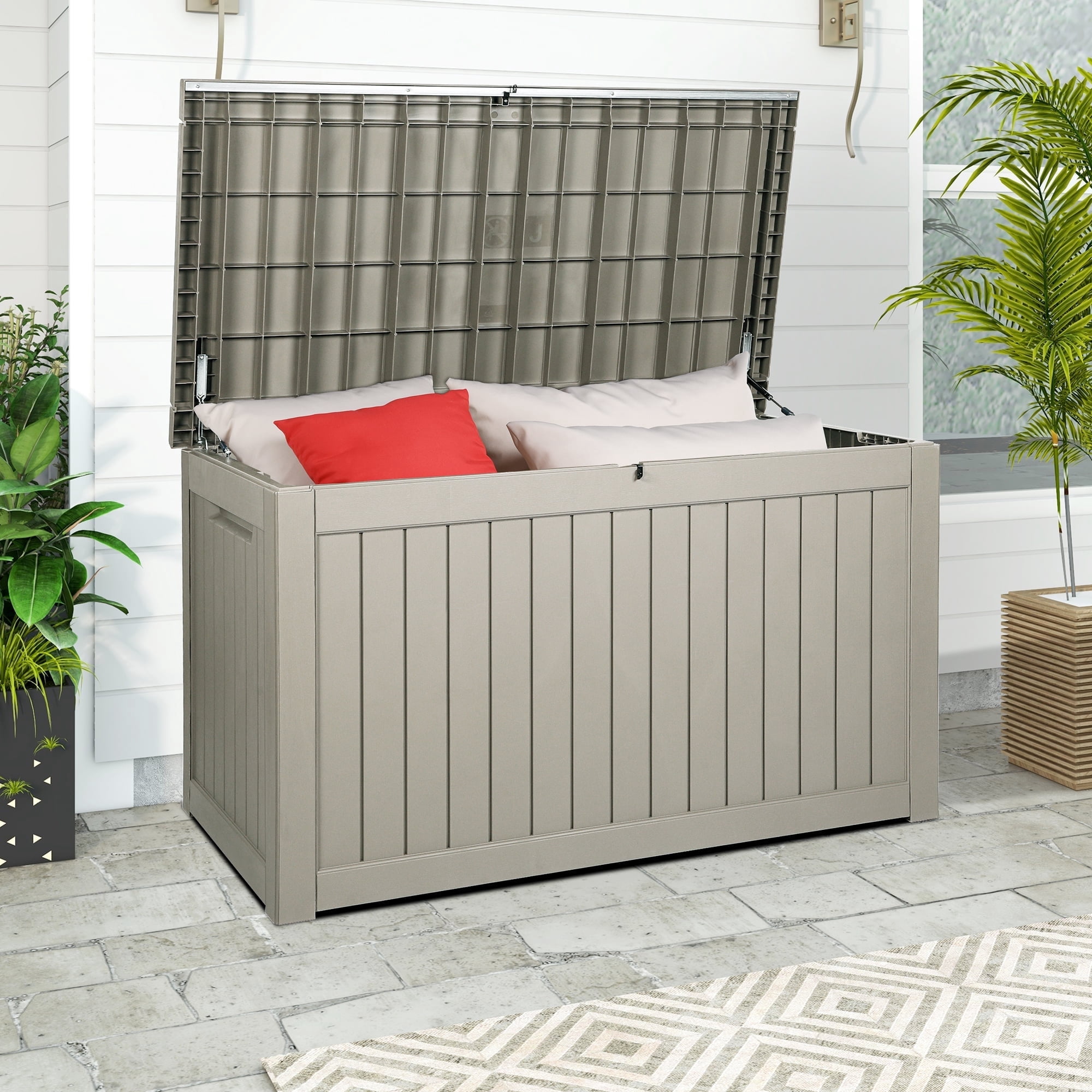 Dextrus 230 Gallon Outdoor Storage Deck Box for Patio Garden,  Weatherproof, Secure Locking (Taupe)