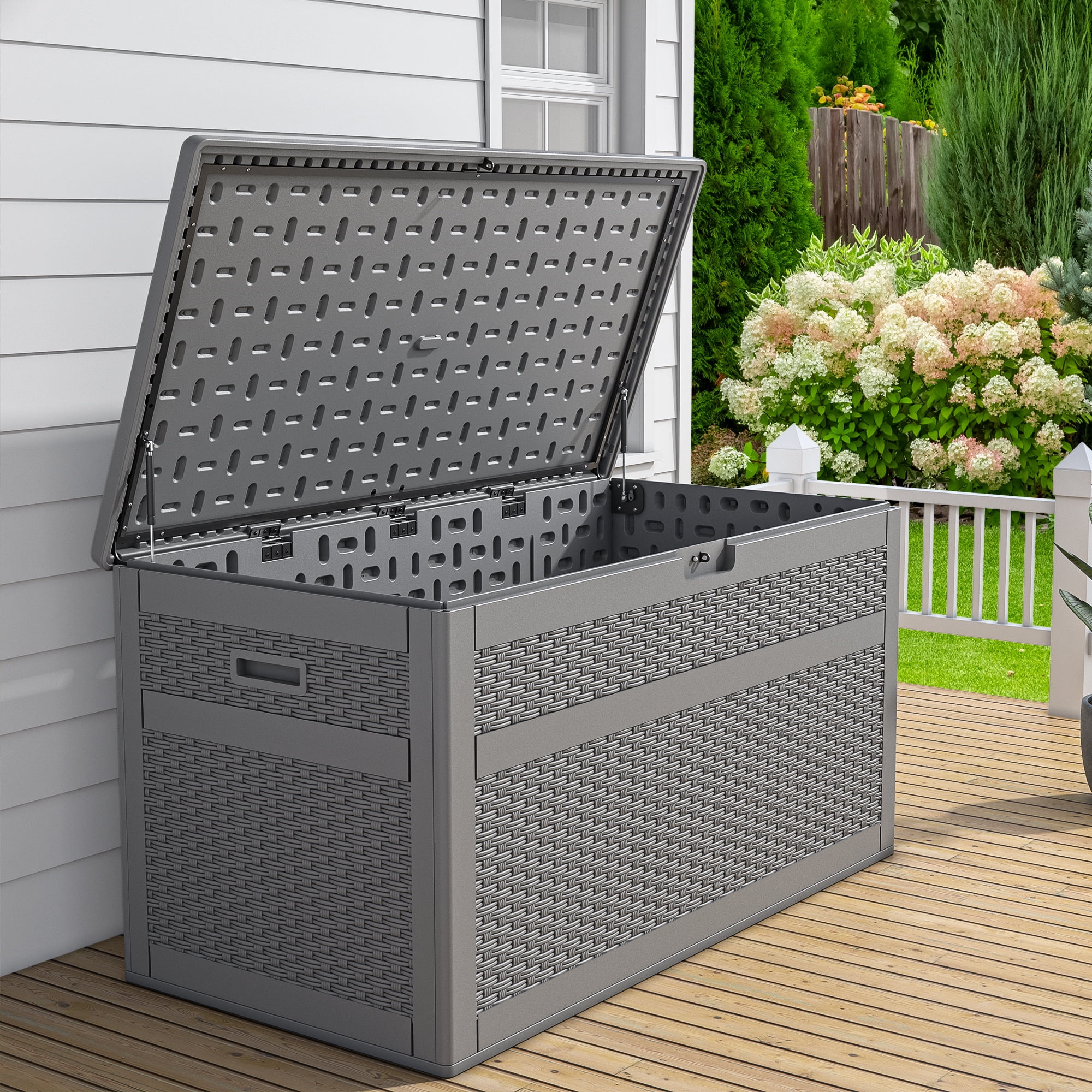 Dextrus 230 Gallon Resin Deck Box Large Double Wall Outdoor Storage for Patio Furniture Garden Tools Pool Yard Waterproof Lockable Grey
