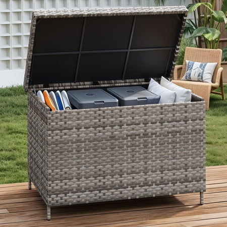 Dextrus 230 Gallon Wicker Deck Box,XXL Outdoor Storage Box - Gray