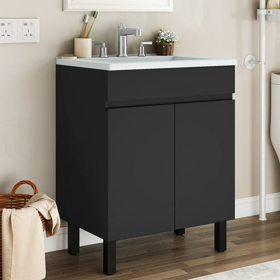 Dextrus 24.9" Bathroom Vanity with Top Sink, Modern Free Standing Bathroom Storage Cabinet with Soft Close Door, Black