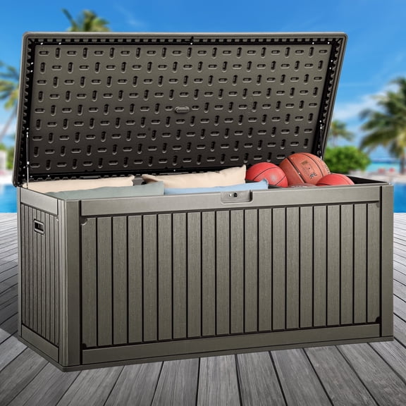 Dextrus 260 Gallon Outdoor Patio Deck Box, Large Double-Wall Resin Storage Box with Divider&Side Handles Backyard, Waterproof&Lockable,Light Brown