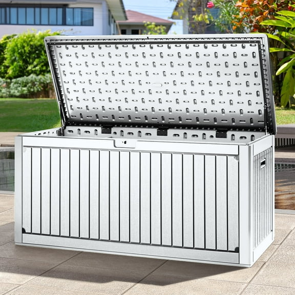 Dextrus 260 Gallon Outdoor Patio Deck Box, Large Double-Wall Resin Storage Box with Divider&Side Handles Backyard, Waterproof&Lockable,White