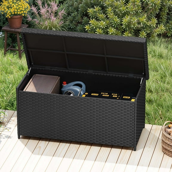 Dextrus 260-Gallon Wicker Deck Box with Waterproof Liner Bag, Rattan Storage Bin, Large Deck Box, Stylish Outdoor Storage Box - Black