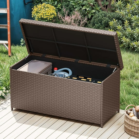 Dextrus 260-Gallon Wicker Deck Box with Waterproof Liner Bag, Rattan Storage Bin, Large Deck Box, Stylish Outdoor Storage Box - Brown