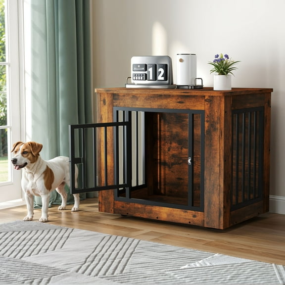 Dextrus 27.2" L Dog Crate Furniture, 2-in-1 Iron-Wood Indoor Dog Cage With Waterproof Top, Safety Corners,Steel Lock,for Small Dogs up to 30 lb,Rustic Brown,27.2"L x 20.1"W x 24"H