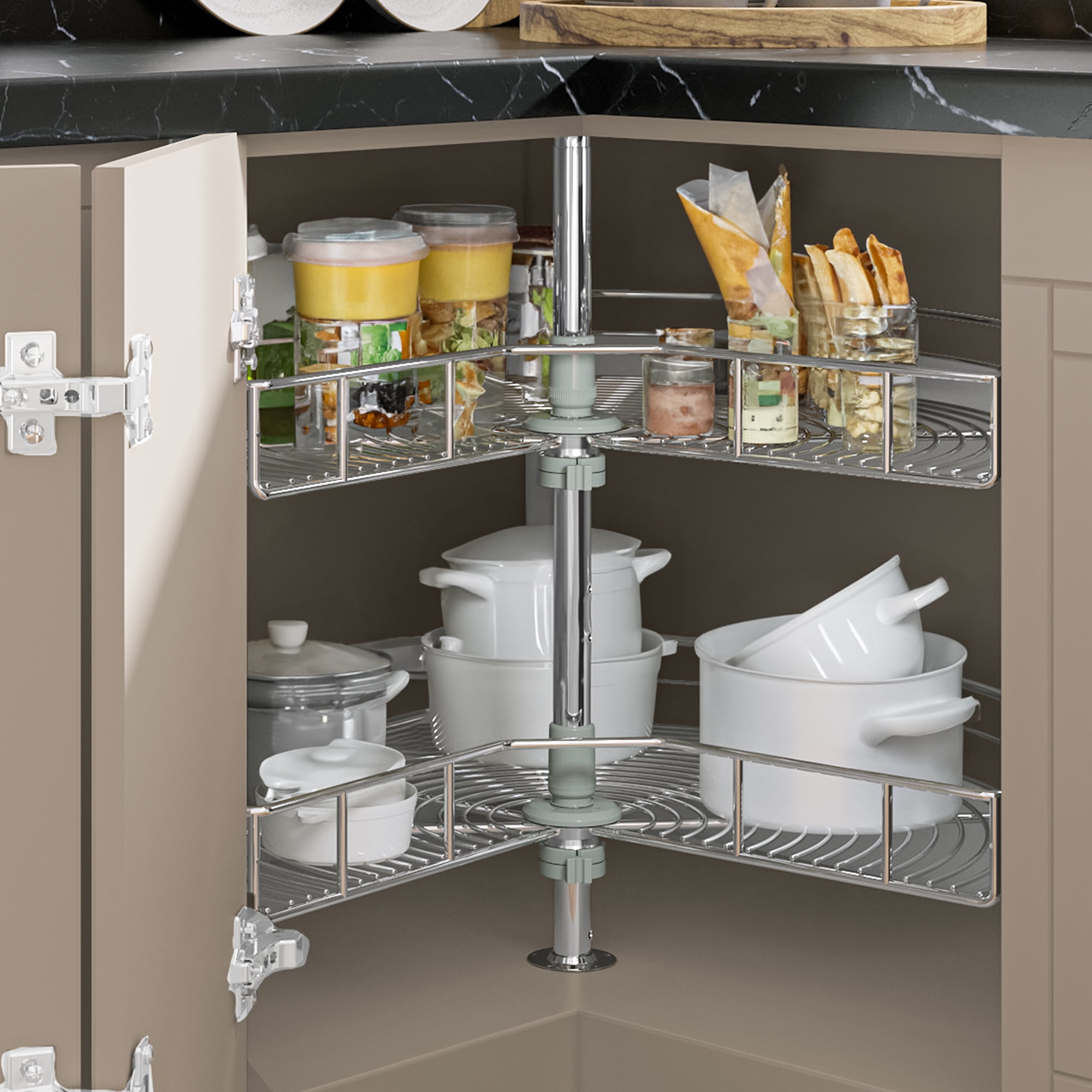 Dextrus 28 Inch Chrome Pie Cut 2 Shelf Lazy Susan Corner Organizer with Telescoping Mount Kidney Shaped Kitchen Cabinet Blind Corner Storage Silver