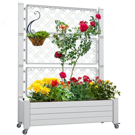 Dextrus 3.6x1.5x5FT Elevated Raised Garden Bed with Trellis and Lockable Wheels, Large Outdoor Resin Patio Planter Box with Drain Plug and Water Monitor for Vines, Climbing Plants, Flowers