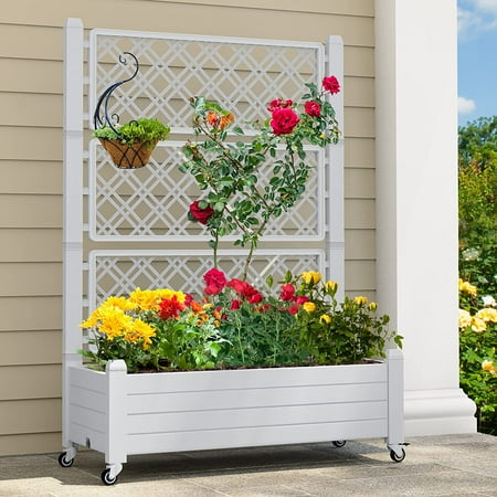 Dextrus 3.6x1.5x5FT Elevated Raised Garden Bed with Trellis and Lockable Wheels, Large Outdoor Resin Patio Planter Box with Drain Plug and Water Monitor for Vines, Climbing Plants, Flowers